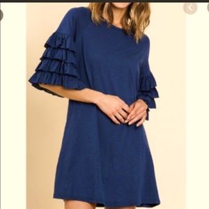 Umgee Navy Tshirt dress with ruffled sleeves
